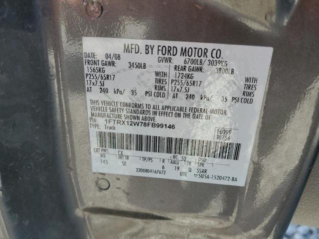 1FTRX12W78FB99146 - 2008 FORD F150 GRAY photo 12