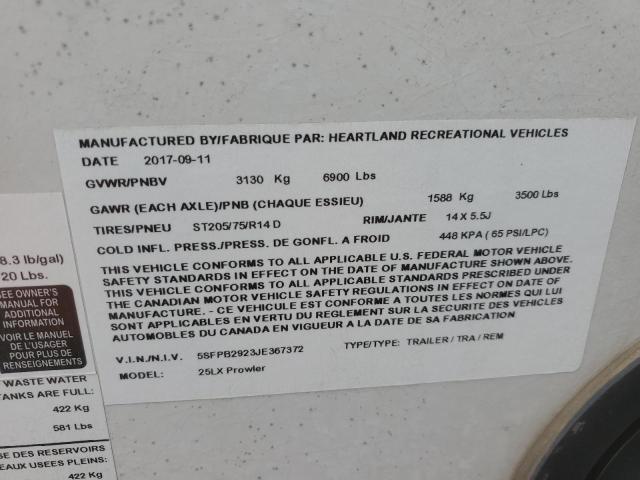 5SFPB2923JE367372 - 2018 HEART LAND PROWLER 白色 照片 10