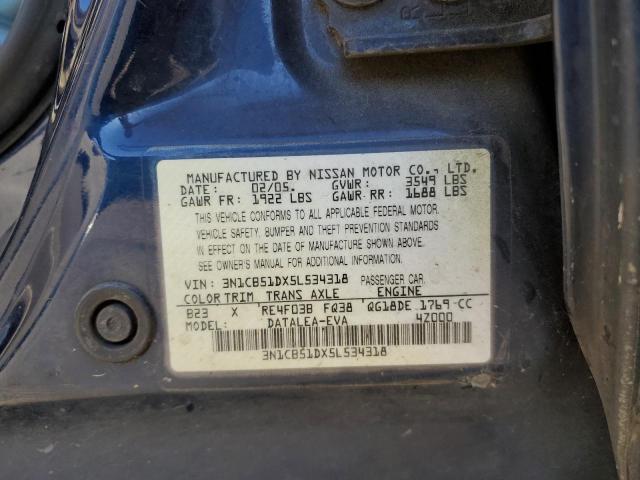 3N1CB51DX5L534318 - 2005 NISSAN SENTRA 1.8 BLUE photo 12