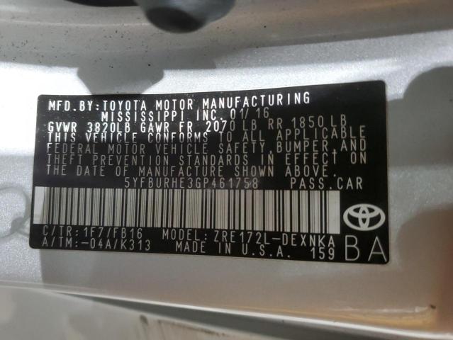 5YFBURHE3GP461758 - 2016 TOYOTA COROLLA L SILVER photo 12