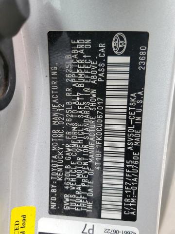4T1BF1FK0CU067017 - 2012 TOYOTA CAMRY BASE SILVER photo 12