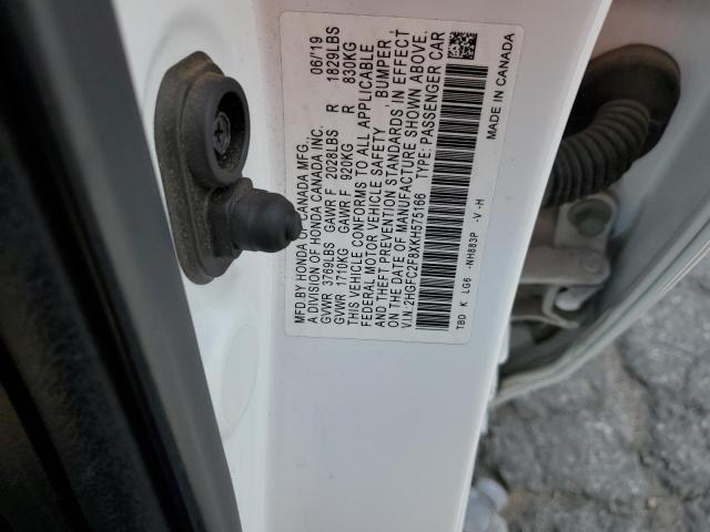 2HGFC2F8XKH575166 - 2019 HONDA CIVIC SPORT 白色 照片 12