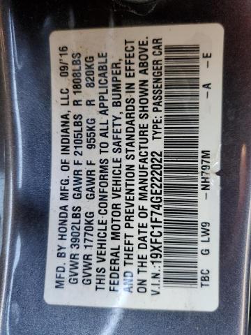 19XFC1F74GE222022 - 2016 HONDA CIVIC EXL ნაცრისფერი ფოტო 12