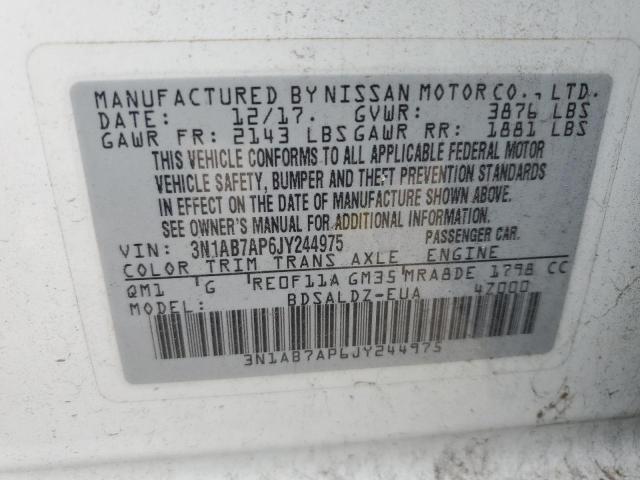 3N1AB7AP6JY244975 - 2018 NISSAN SENTRA S WHITE photo 13