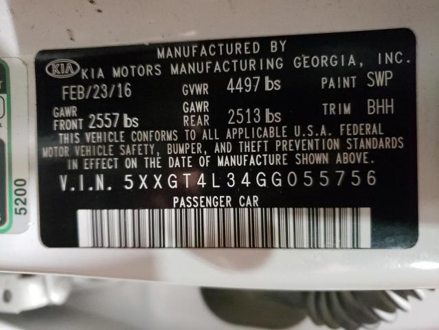 5XXGT4L34GG055756 - 2016 KIA OPTIMA LX WHITE photo 12