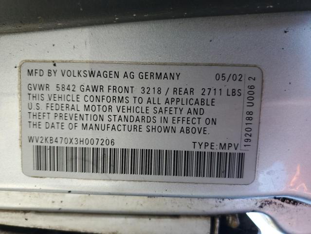 WV2KB470X3H007206 - 2003 VOLKSWAGEN EUROVAN GLS SILVER photo 13