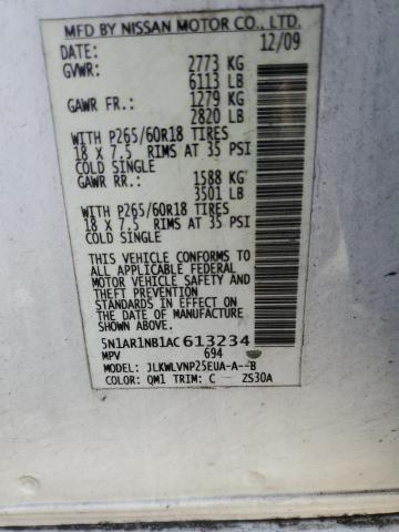 5N1AR1NB1AC613234 - 2010 NISSAN PATHFINDER S 白色 照片 13