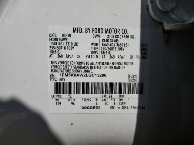 1FM5K8AW2LGC13296 - 2020 FORD EXPLORER POLICE INTERCEPTOR WHITE photo 13