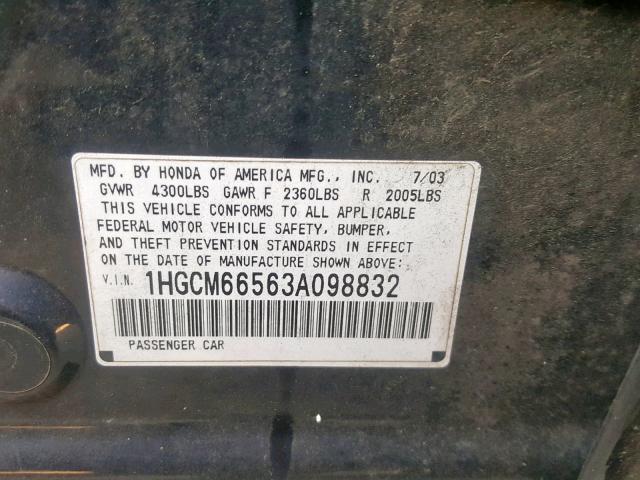 1HGCM66563A098832 - 2003 HONDA ACCORD EX  photo 10