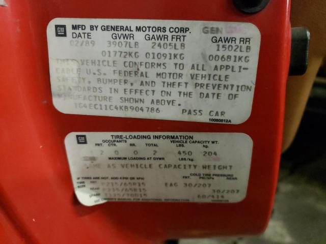 1G4EC11C4KB904786 - 1989 BUICK REATTA RED photo 12