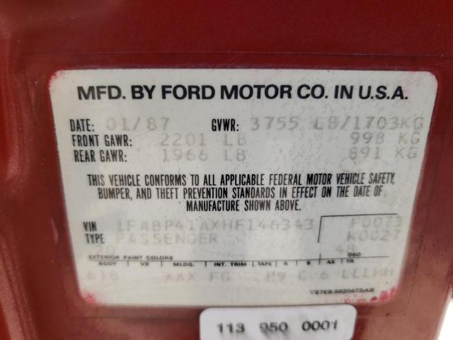 1FABP41AXHF146343 - 1987 FORD MUSTANG LX RED photo 12