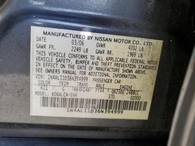 1N4AL11D36N394999 - 2006 NISSAN ALTIMA S GRAY photo 12