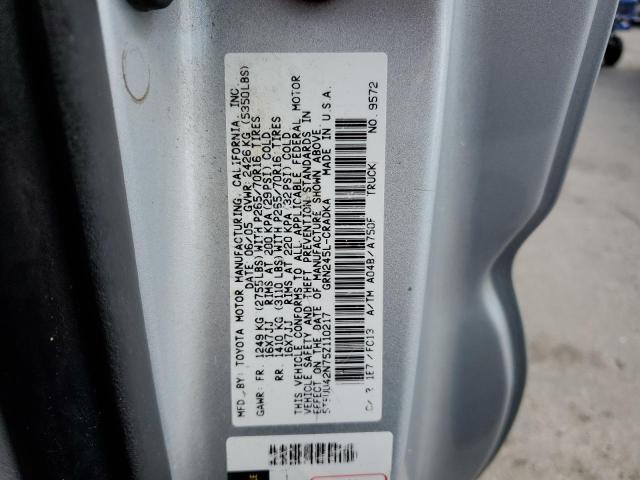 5TEUU42N75Z110217 - 2005 TOYOTA TACOMA ACCESS CAB ვერცხლისფერი ფოტო 12