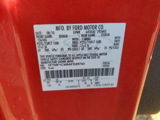 1FTMF1CW6AFD29743 - 2010 FORD F150 RED photo 12