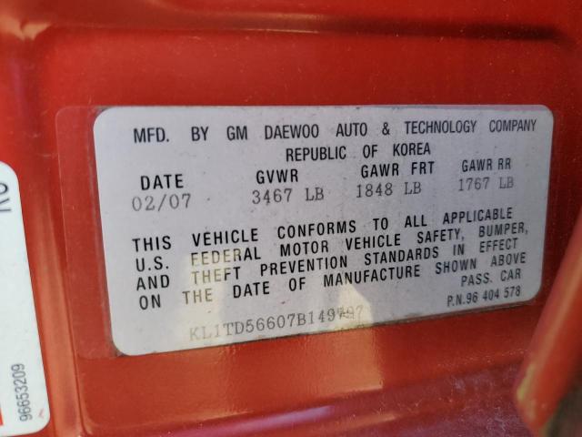 KL1TD56607B149797 - 2007 CHEVROLET AVEO BASE RED photo 13