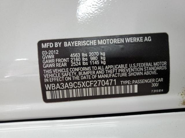 WBA3A9C5XCF270471 - 2012 BMW 335I I WHITE photo 12