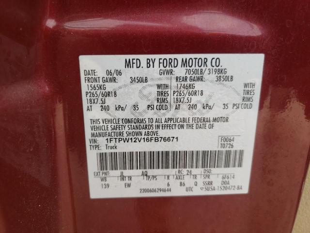 1FTPW12V16FB76671 - 2006 FORD F150 SUPERCREW RED photo 13