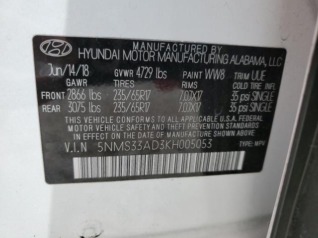 5NMS33AD3KH005053 - 2019 HYUNDAI SANTA FE SEL Սպիտակ լուսանկար 13