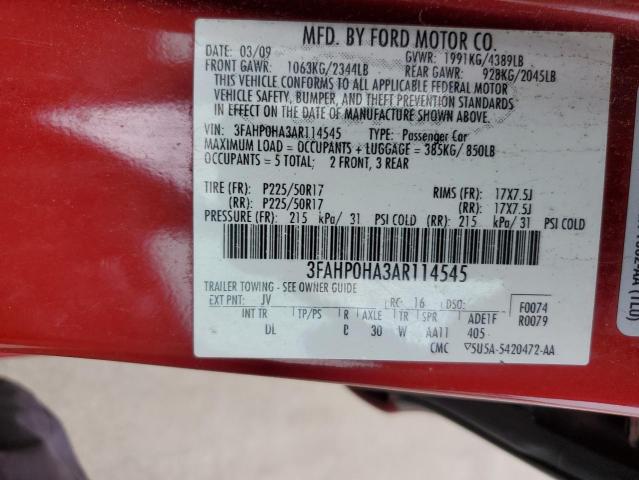 3FAHP0HA3AR114545 - 2010 FORD FUSION SE RED photo 12