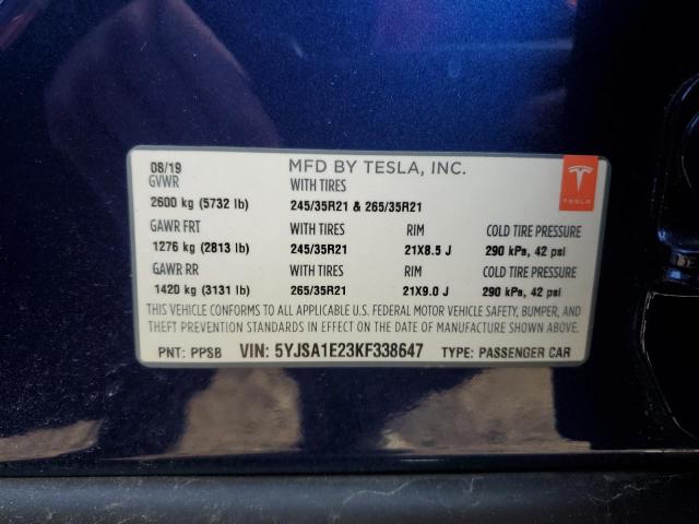5YJSA1E23KF338647 - 2019 TESLA MODEL S Կապույտ լուսանկար 12