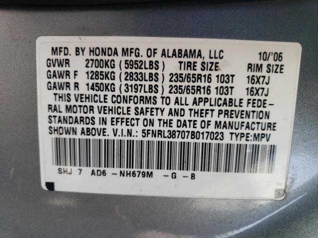 5FNRL38707B017023 - 2007 HONDA ODYSSEY EXL BLUE photo 13