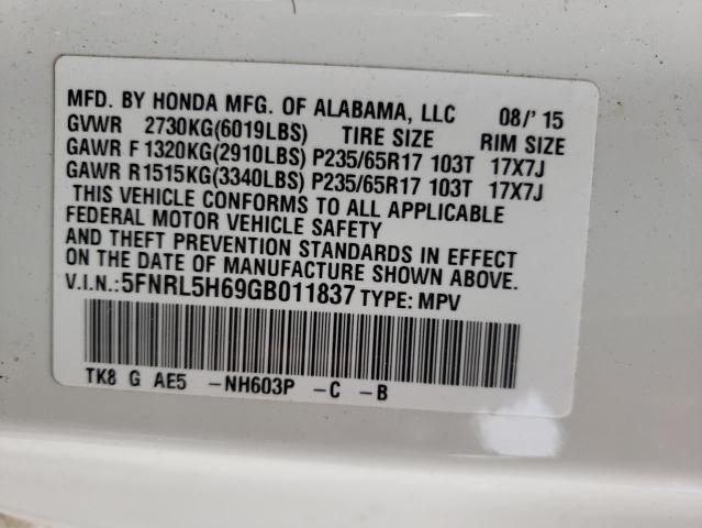 5FNRL5H69GB011837 - 2016 HONDA ODYSSEY EXL WHITE photo 13