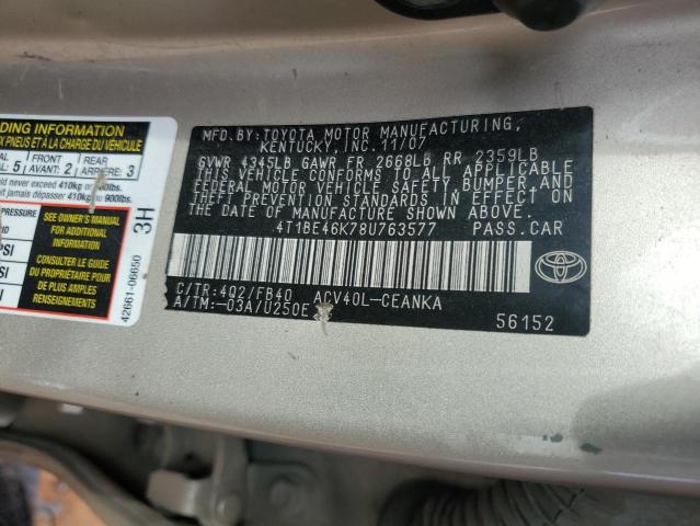 4T1BE46K78U763577 - 2008 TOYOTA CAMRY CE 金色 照片 12