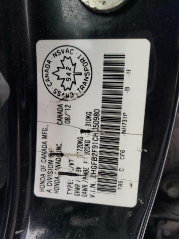 2HGFB2F91CH050980 - 2012 HONDA CIVIC EXL 黑色 照片 12