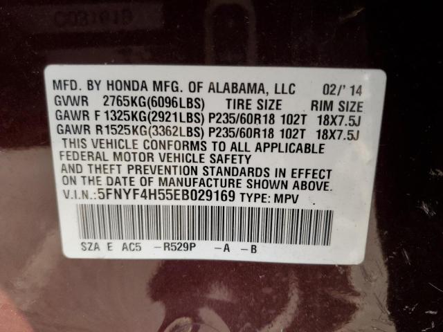 5FNYF4H55EB029169 - 2014 HONDA PILOT EXL BURGUNDY photo 13