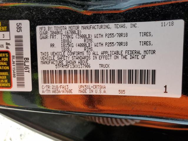 5TFRM5F13KX137906 - 2019 TOYOTA TUNDRA DOUBLE CAB SR/SR5 BLACK photo 12