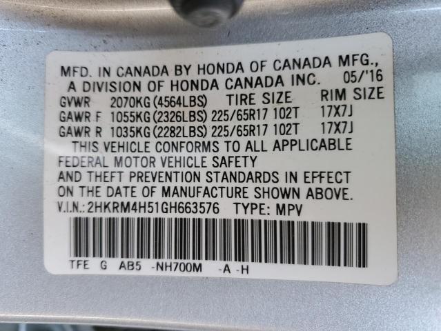 2HKRM4H51GH663576 - 2016 HONDA CR-V EX SILVER photo 12