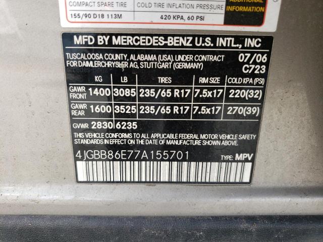 4JGBB86E77A155701 - 2007 MERCEDES-BENZ ML 350 SILVER photo 14