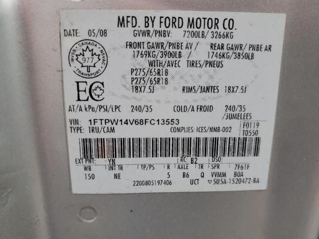 1FTPW14V68FC13553 - 2008 FORD F150 SUPERCREW SILVER photo 12