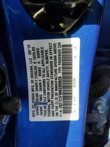 19XFC1F99KE009626 - 2019 HONDA CIVIC TOURING BLUE photo 12