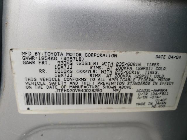 JTEHD20V940026290 - 2004 TOYOTA RAV4 SILVER photo 13