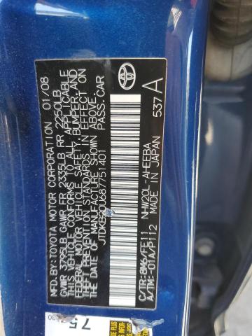 JTDKB20U687751401 - 2008 TOYOTA PRIUS BLUE photo 12