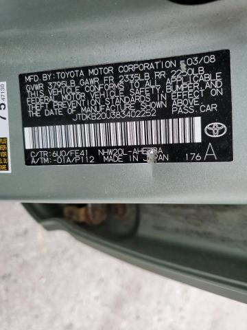 JTDKB20U383402252 - 2008 TOYOTA PRIUS GREEN photo 12