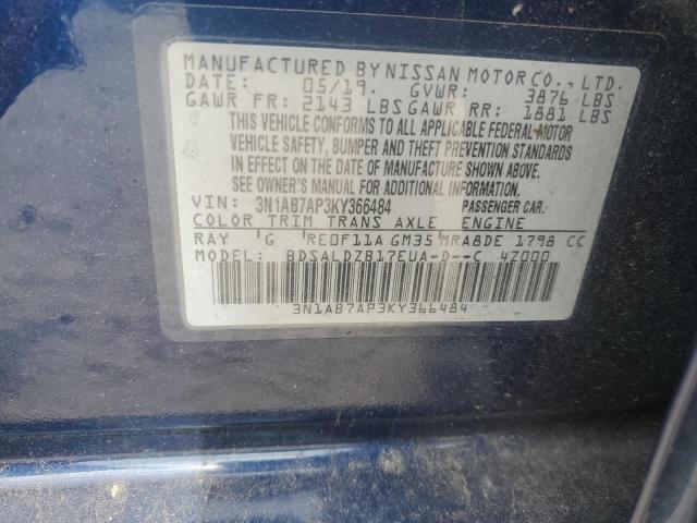 3N1AB7AP3KY366484 - 2019 NISSAN SENTRA S BLUE photo 12