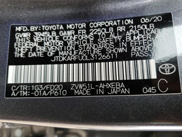 JTDKARFU0L3126611 - 2020 TOYOTA PRIUS L GRAY photo 12