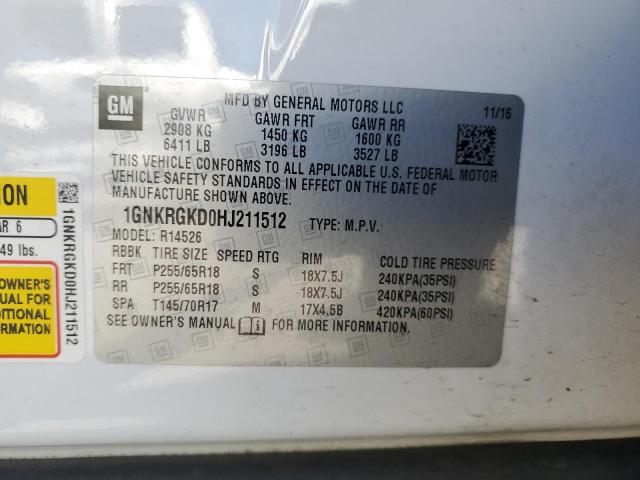 1GNKRGKD0HJ211512 - 2017 CHEVROLET TRAVERSE LT 白色 照片 12