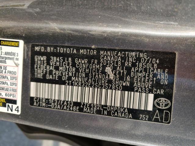 2T1KR32E25C357850 - 2005 TOYOTA COROLLA MA XR GRAY photo 12