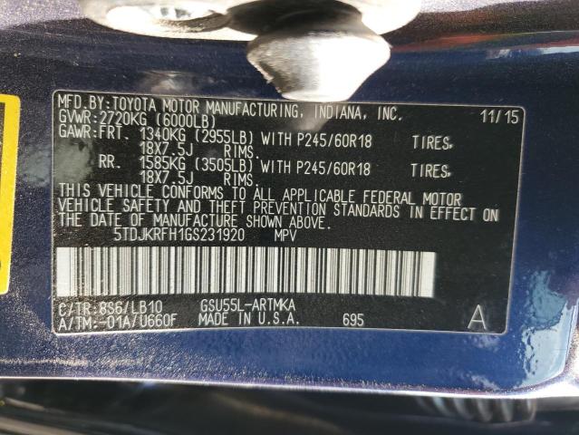 5TDJKRFH1GS231920 - 2016 TOYOTA HIGHLANDER XLE BLUE photo 13