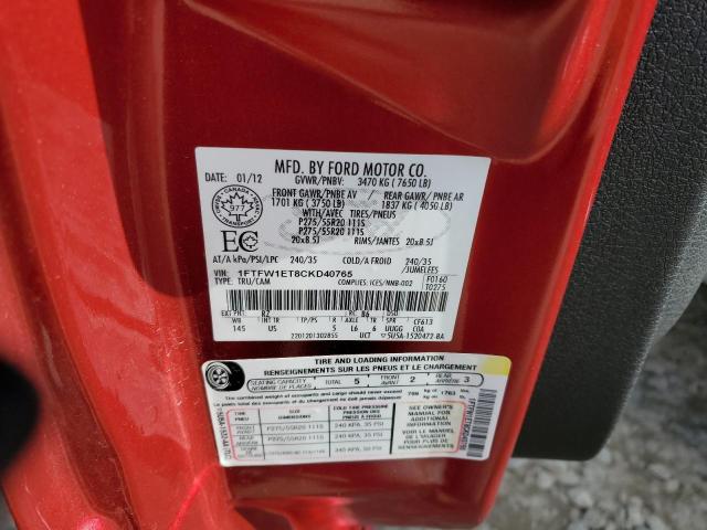 1FTFW1ET8CKD40765 - 2012 FORD F150 SUPERCREW RED photo 12