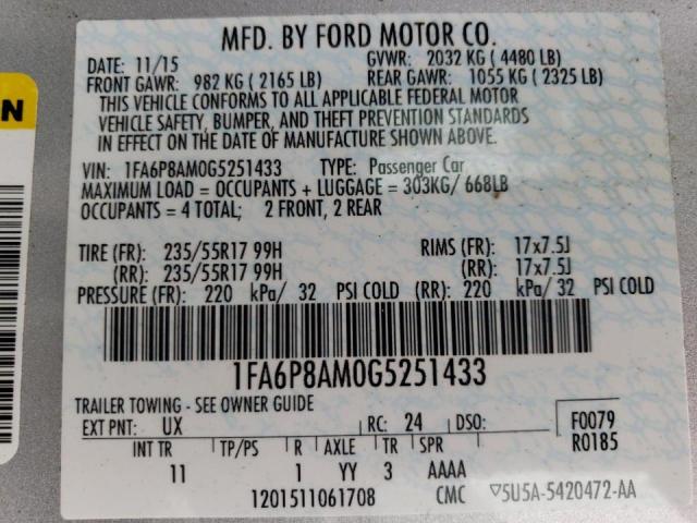 1FA6P8AM0G5251433 - 2016 FORD MUST SILVER photo 12