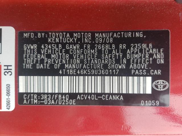 4T1BE46K59U360117 - 2009 TOYOTA CAMRY BASE RED photo 12