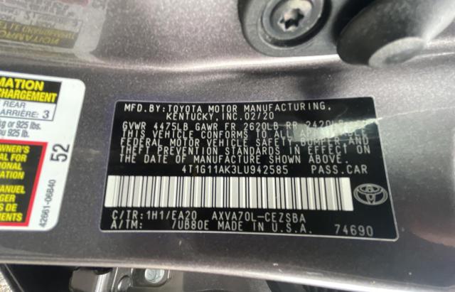 4T1G11AK3LU942585 - 2020 TOYOTA CAMRY SE GRAY photo 10