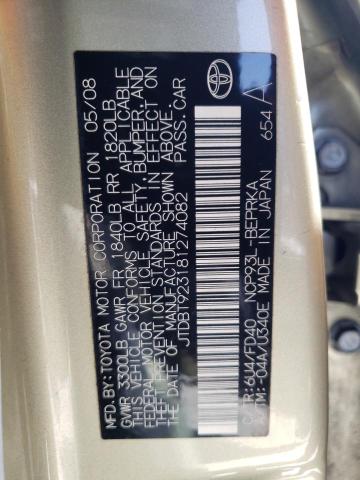 JTDBT923181274082 - 2008 TOYOTA YARIS GOLD photo 12