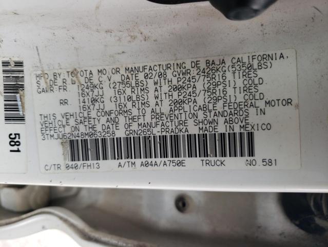 3TMJU62N48M063258 - 2008 TOYOTA TACOMA DOUBLE CAB PRERUNNER WHITE photo 12