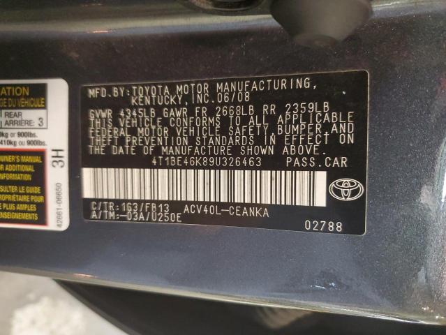 4T1BE46K89U326463 - 2009 TOYOTA CAMRY BASE GRAY photo 12