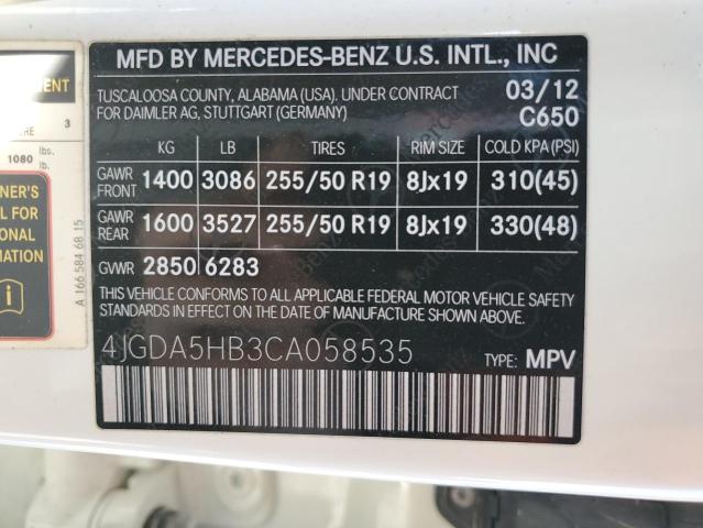 4JGDA5HB3CA058535 - 2012 MERCEDES-BENZ ML 350 4MATIC WHITE photo 12